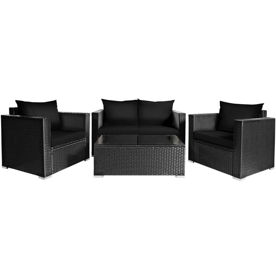 8PCS Rattan Patio Conversation Set Outdoor Furniture Set w/ Black Cushions Image 3