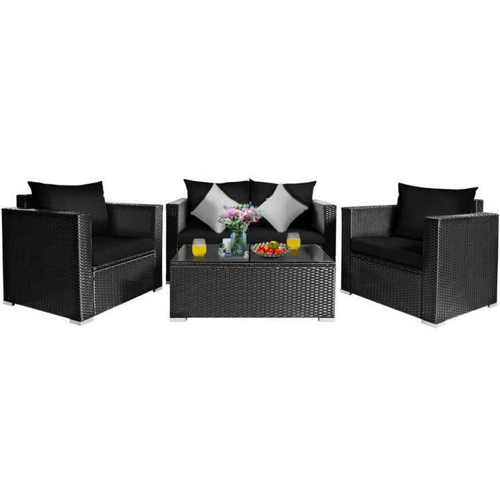 8PCS Rattan Patio Conversation Set Outdoor Furniture Set w/ Black Cushions Image 4