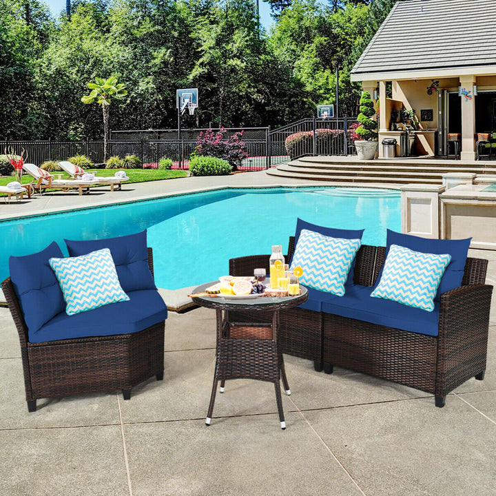 4PCS Patio Furniture Set Outdoor Rattan Sectional Sofa Set w/ Navy Cushions Image 4