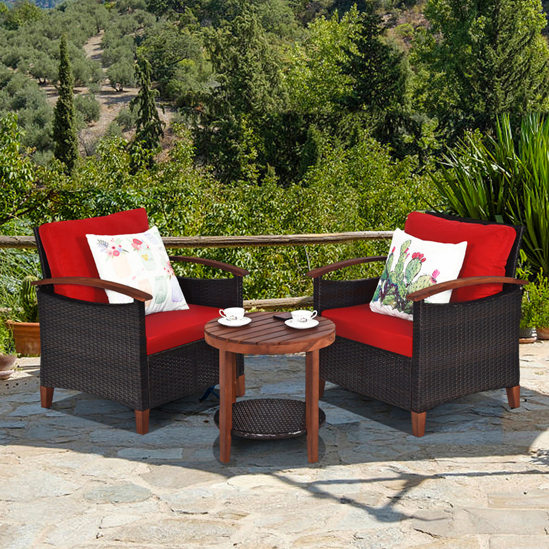 3PCS Patio Wicker Rattan Conversation Set Outdoor Furniture Set w/ Red Cushion Image 1