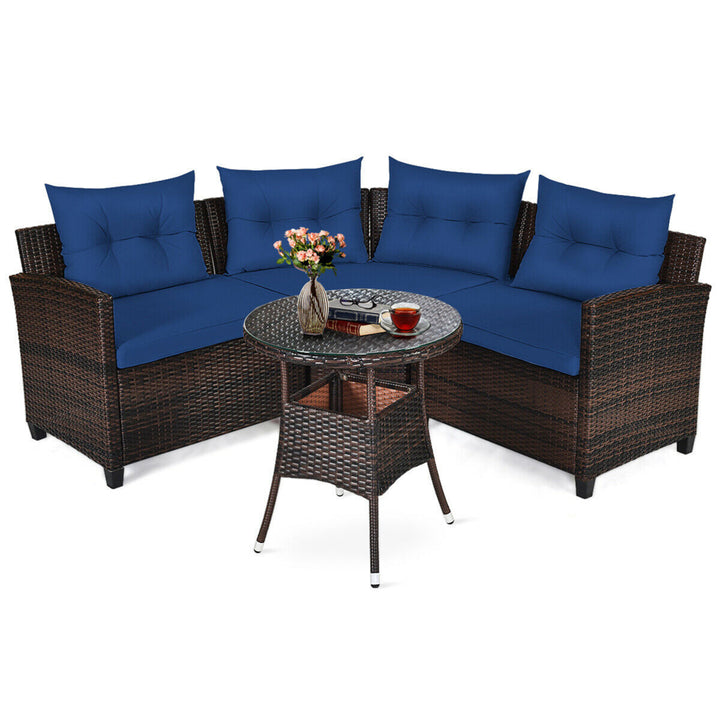 4PCS Patio Furniture Set Outdoor Rattan Sectional Sofa Set w/ Navy Cushions Image 2