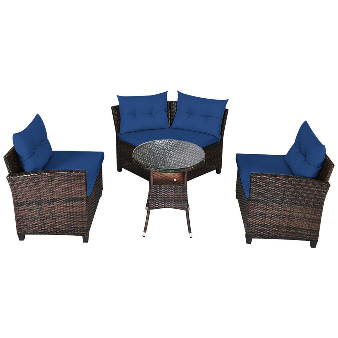 4PCS Patio Furniture Set Outdoor Rattan Sectional Sofa Set w/ Navy Cushions Image 5