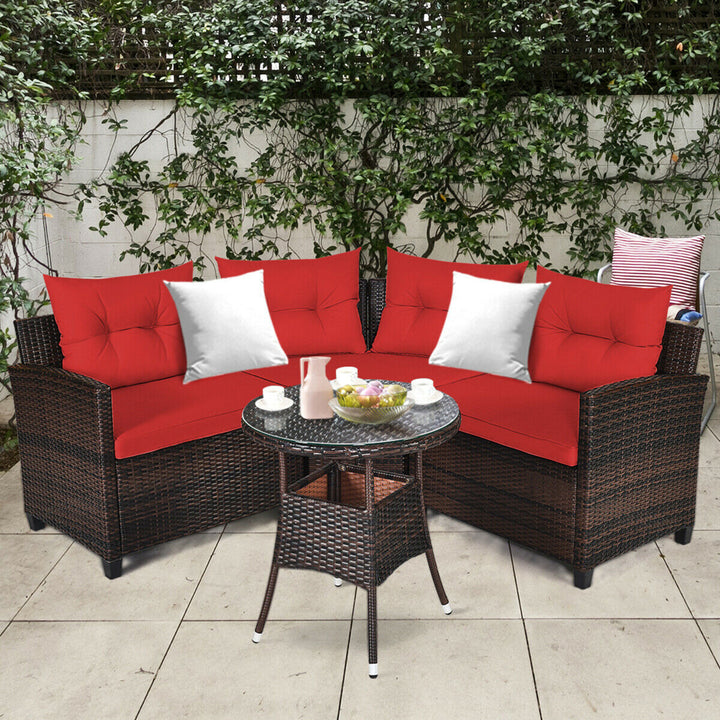 4PCS Patio Furniture Set Outdoor Rattan Sectional Sofa Set w/ Red Cushions Image 1