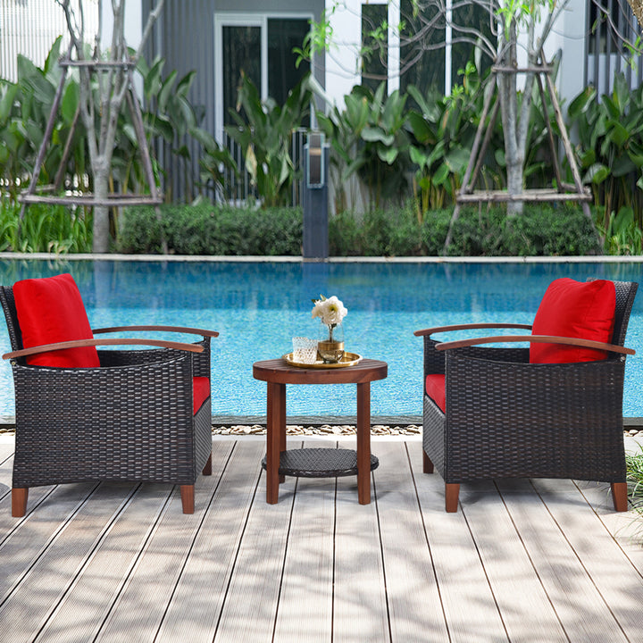 3PCS Patio Wicker Rattan Conversation Set Outdoor Furniture Set w/ Red Cushion Image 4