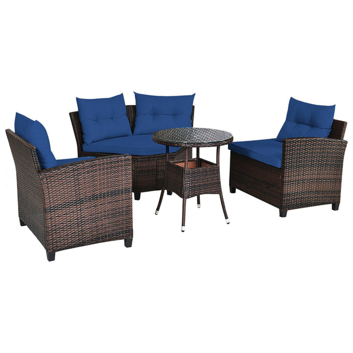 4PCS Patio Furniture Set Outdoor Rattan Sectional Sofa Set w/ Navy Cushions Image 6