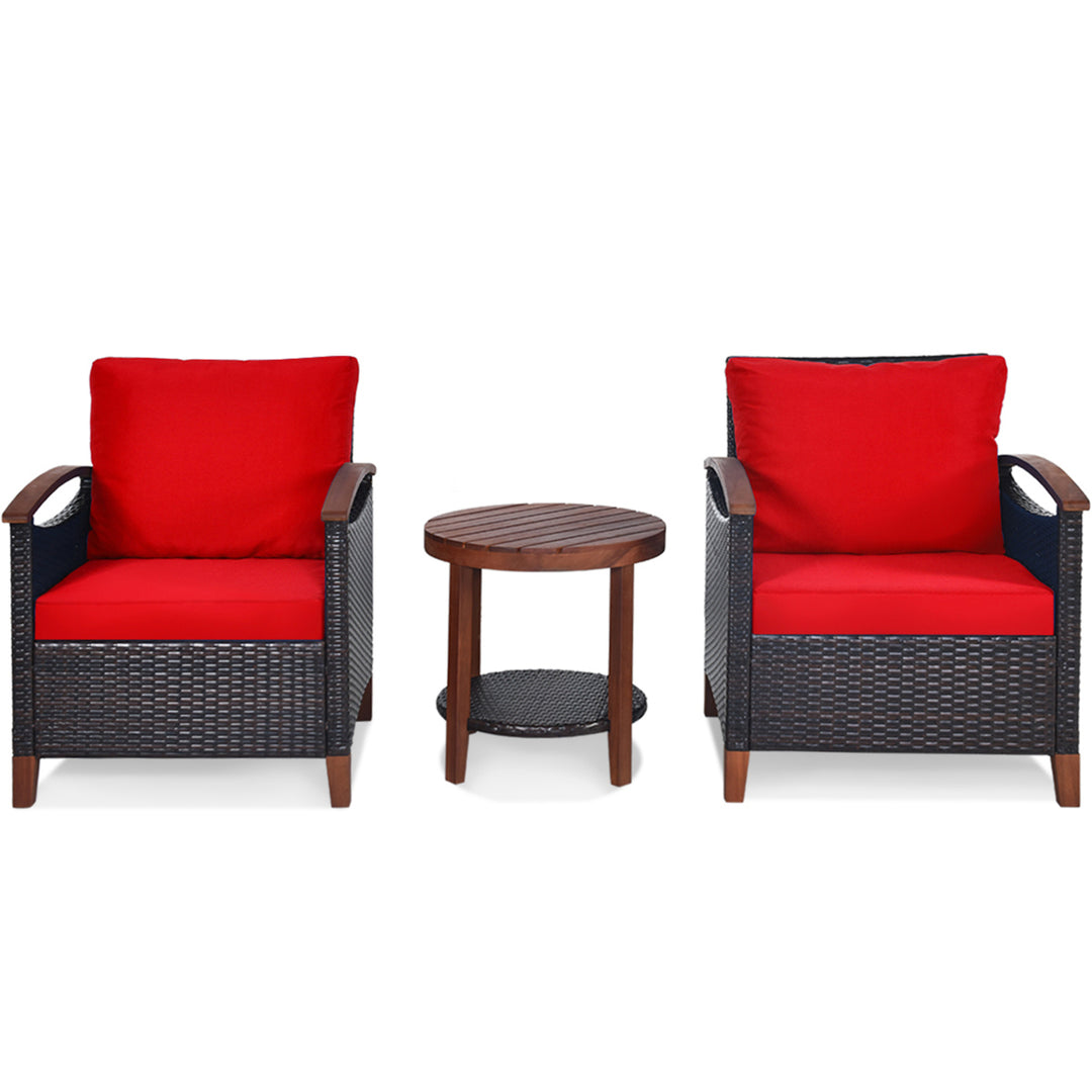 3PCS Patio Wicker Rattan Conversation Set Outdoor Furniture Set w/ Red Cushion Image 5