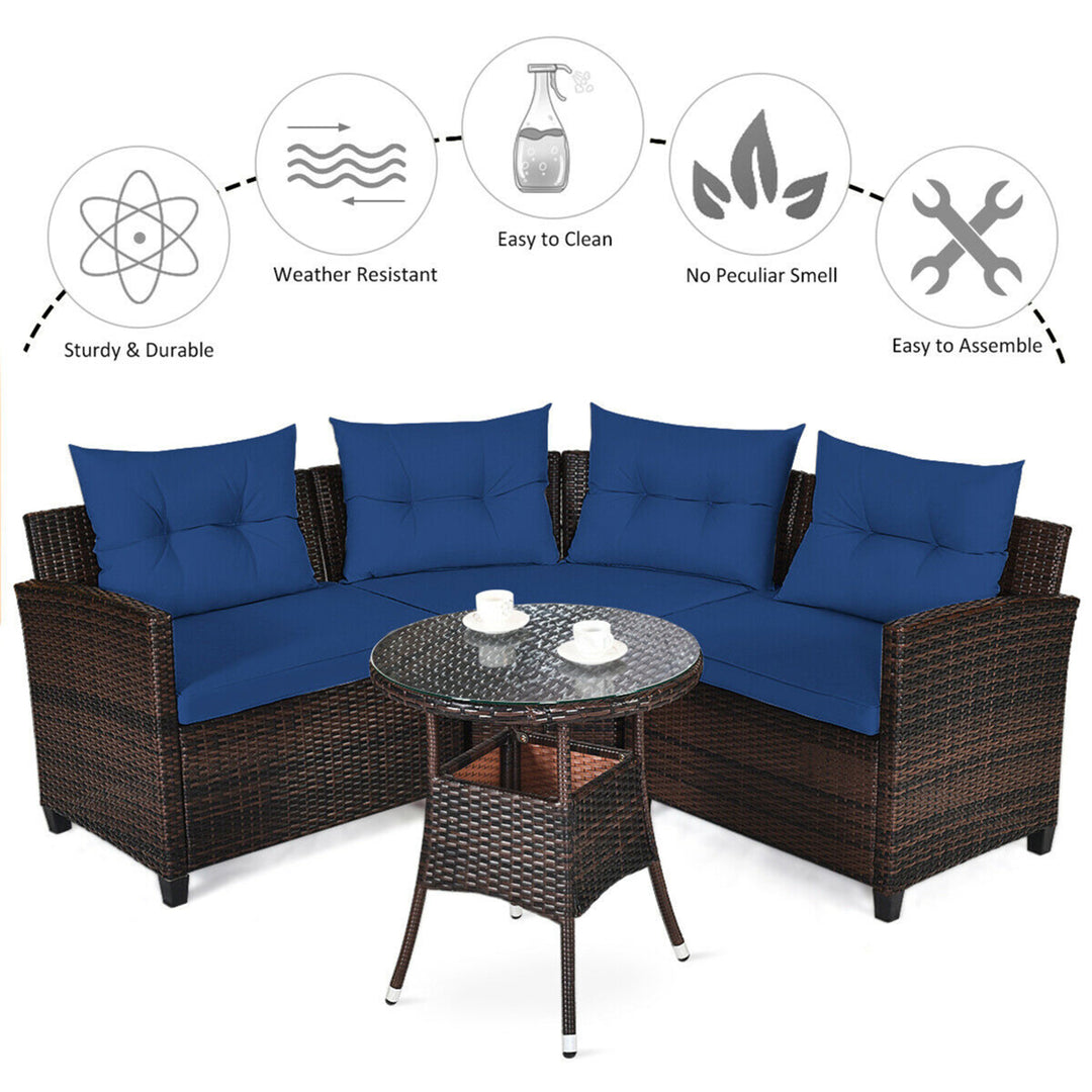 4PCS Patio Furniture Set Outdoor Rattan Sectional Sofa Set w/ Navy Cushions Image 7