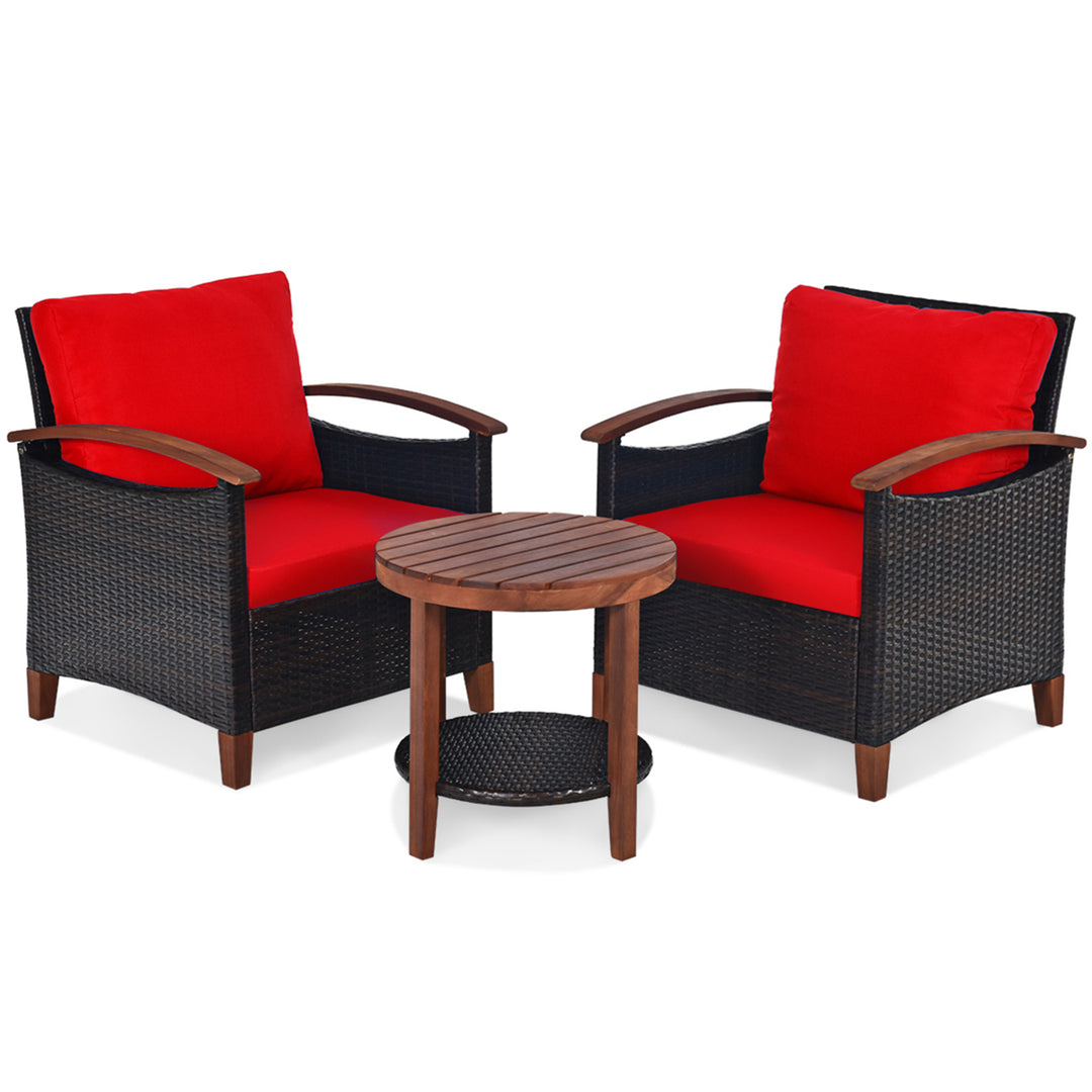 3PCS Patio Wicker Rattan Conversation Set Outdoor Furniture Set w/ Red Cushion Image 2