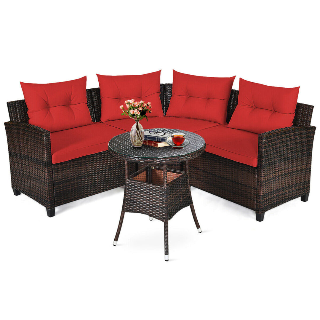 4PCS Patio Furniture Set Outdoor Rattan Sectional Sofa Set w/ Red Cushions Image 2