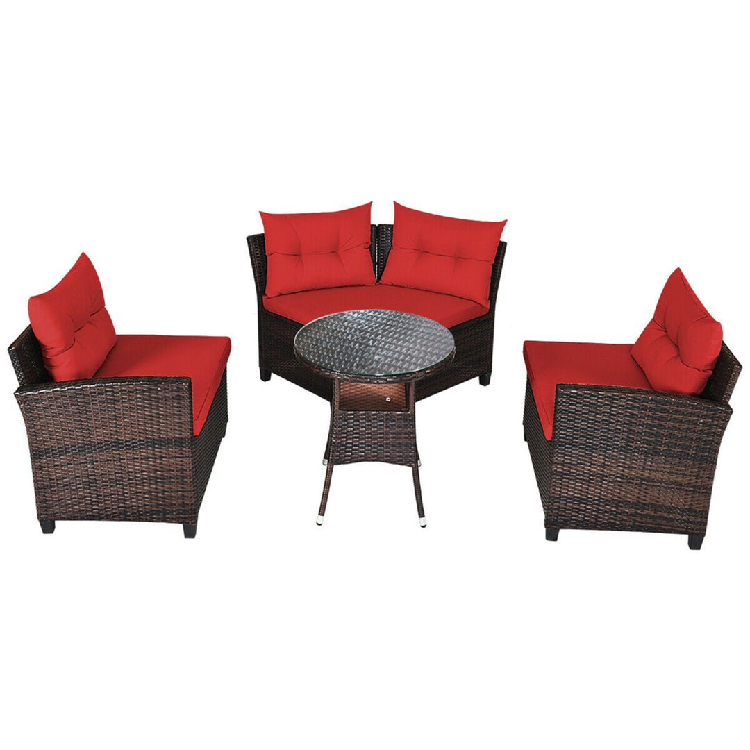 4PCS Patio Furniture Set Outdoor Rattan Sectional Sofa Set w/ Red Cushions Image 5