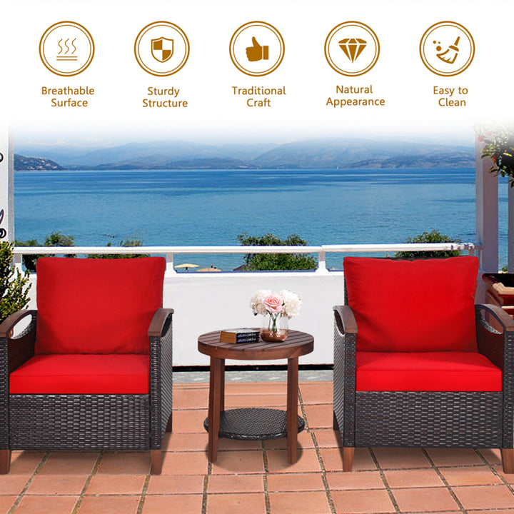 3PCS Patio Wicker Rattan Conversation Set Outdoor Furniture Set w/ Red Cushion Image 7