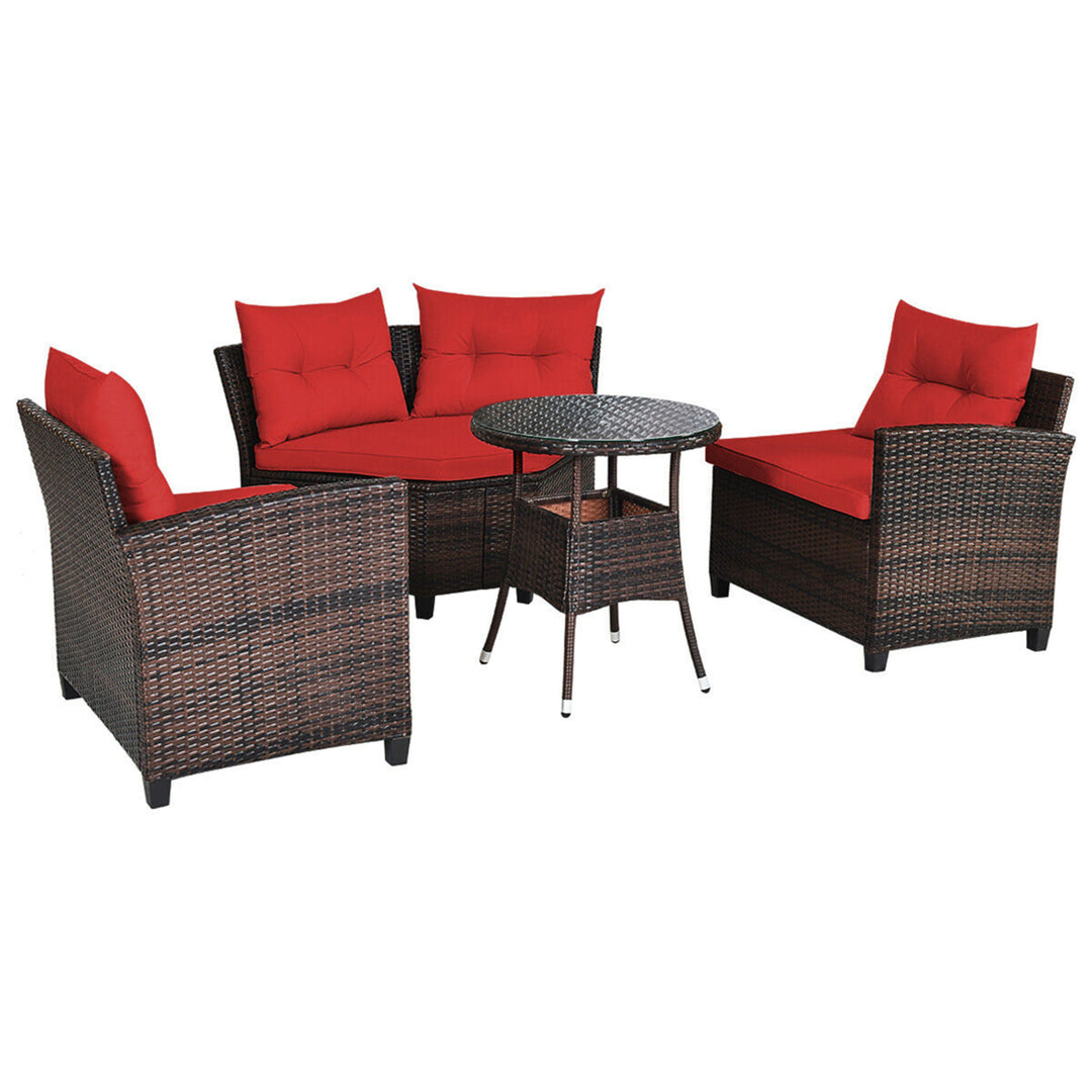 4PCS Patio Furniture Set Outdoor Rattan Sectional Sofa Set w/ Red Cushions Image 6