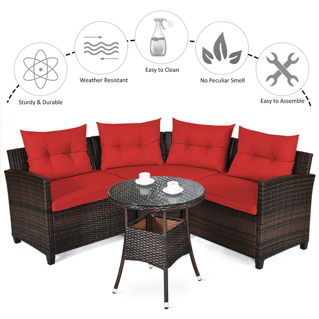 4PCS Patio Furniture Set Outdoor Rattan Sectional Sofa Set w/ Red Cushions Image 7