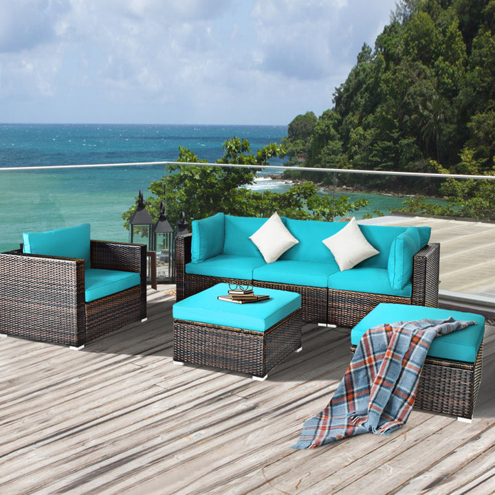 6PCS Patio Conversation Set Rattan Sectional Furniture Set w/ Turquoise Cushions Image 1