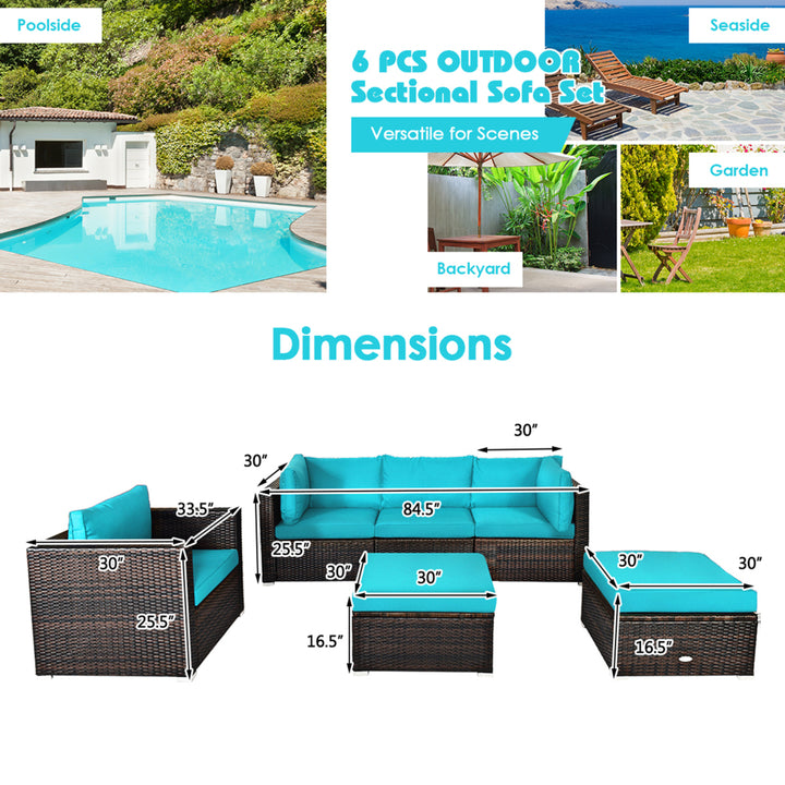 6PCS Patio Conversation Set Rattan Sectional Furniture Set w/ Turquoise Cushions Image 5