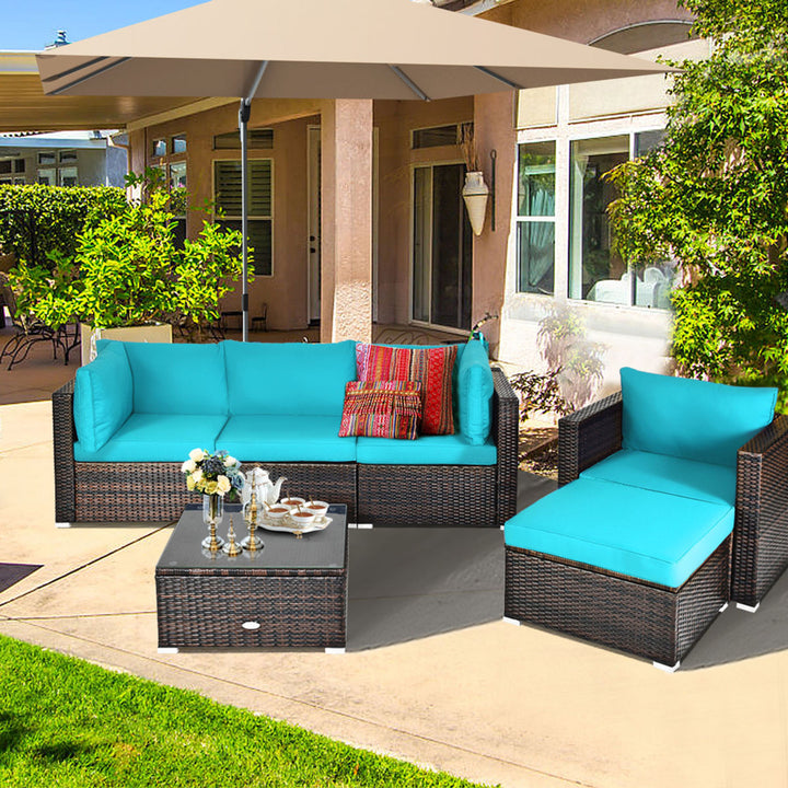 6PCS Patio Conversation Set Rattan Sectional Furniture Set w/ Turquoise Cushions Image 3