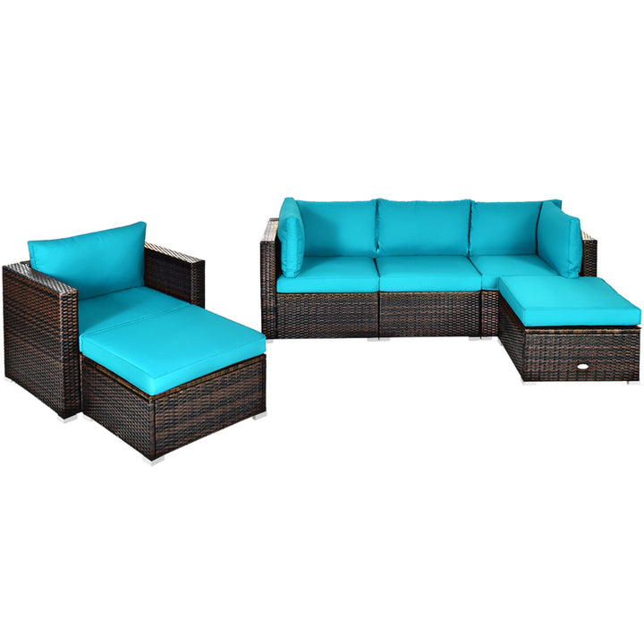 6PCS Patio Conversation Set Rattan Sectional Furniture Set w/ Turquoise Cushions Image 4