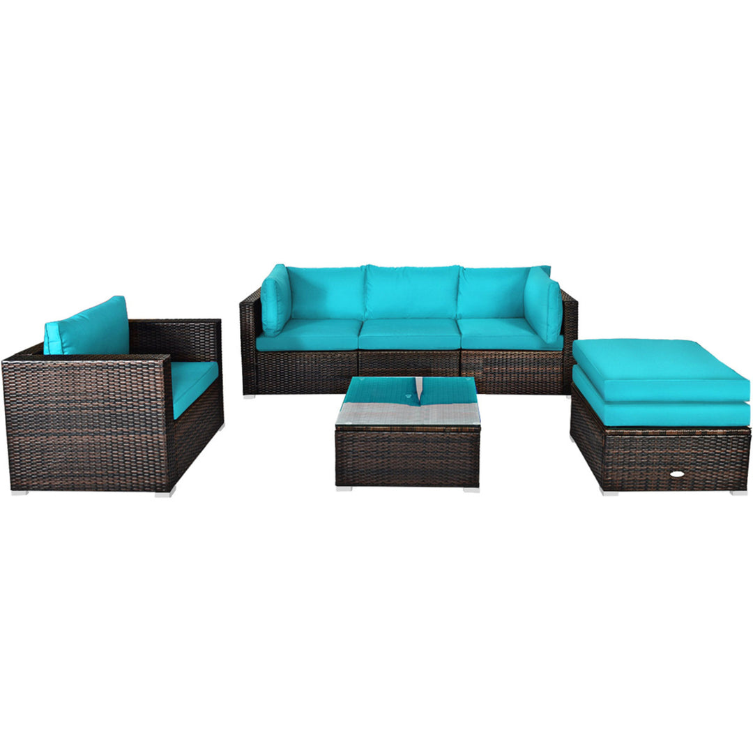 6PCS Patio Conversation Set Rattan Sectional Furniture Set w/ Turquoise Cushions Image 2