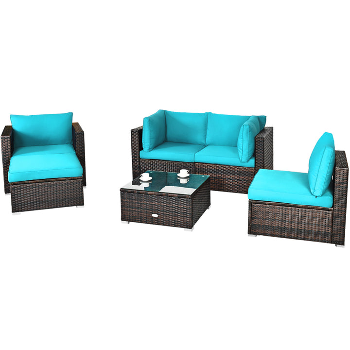 6PCS Patio Conversation Set Rattan Sectional Furniture Set w/ Turquoise Cushions Image 6