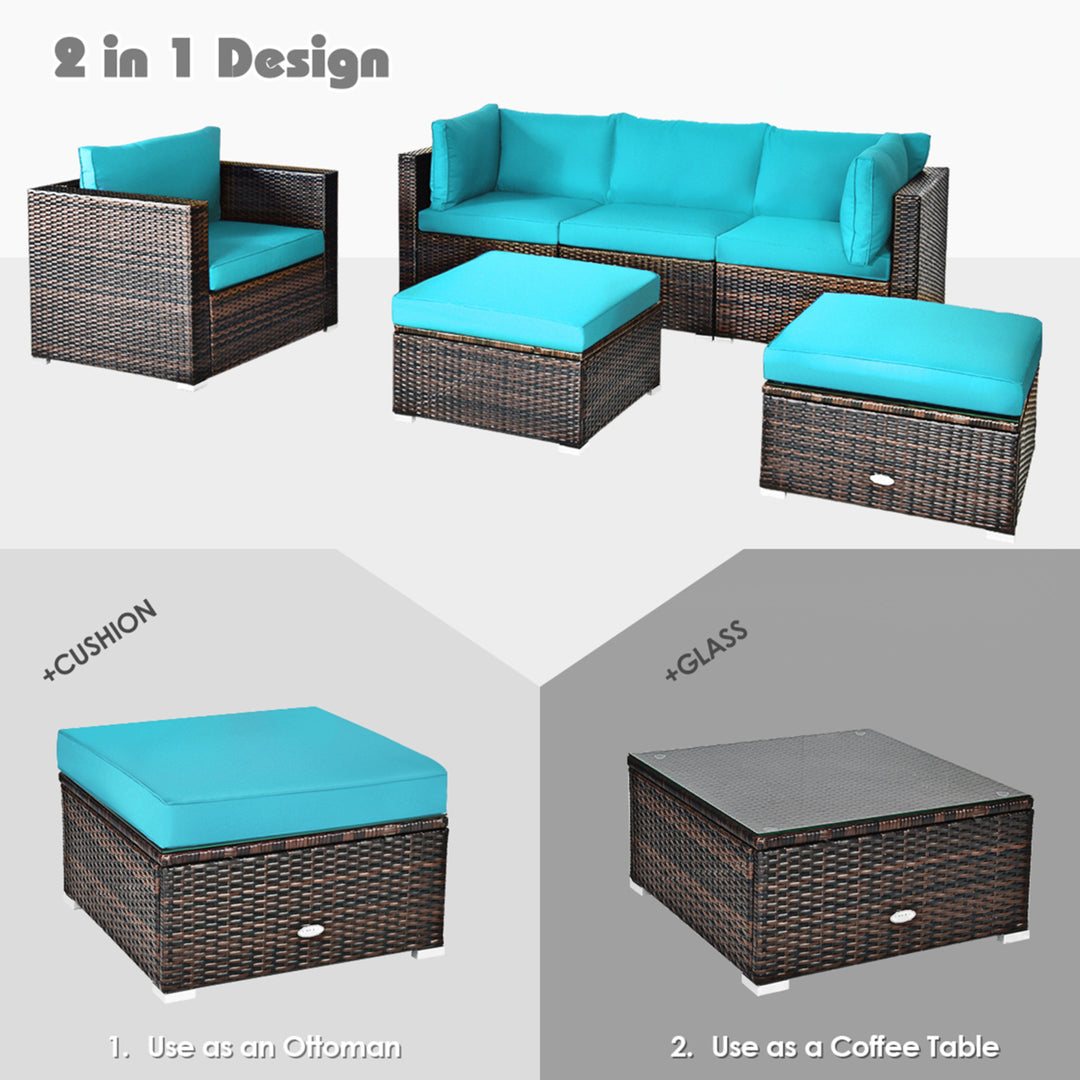 6PCS Patio Conversation Set Rattan Sectional Furniture Set w/ Turquoise Cushions Image 8