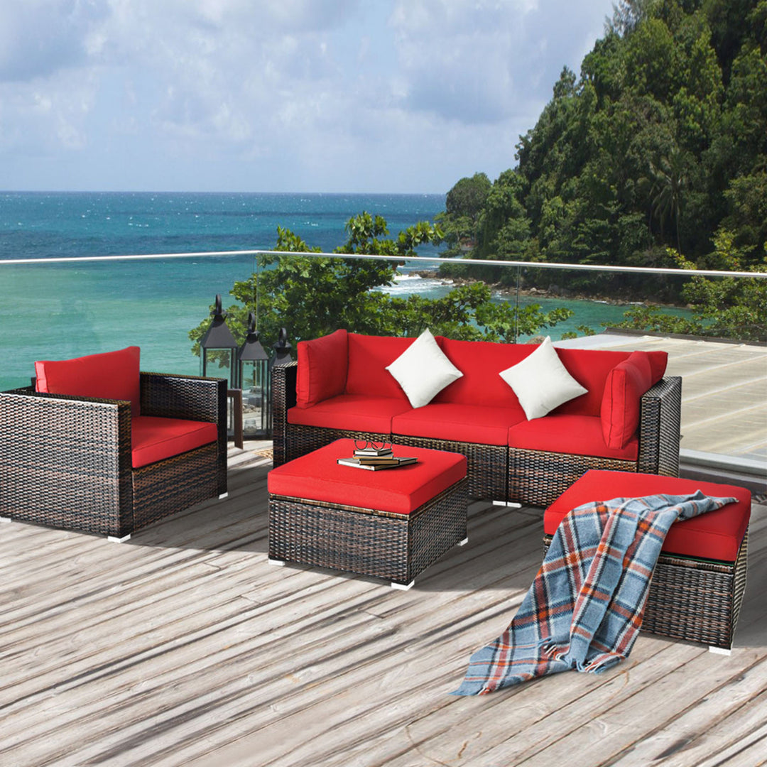 6PCS Patio Conversation Set Rattan Sectional Furniture Set w/ Red Cushions Image 1