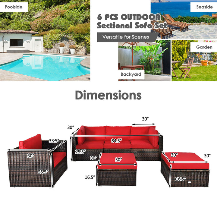 6PCS Patio Conversation Set Rattan Sectional Furniture Set w/ Red Cushions Image 5