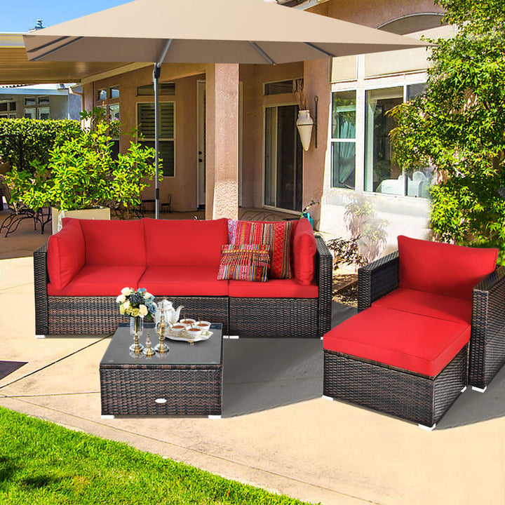 6PCS Patio Conversation Set Rattan Sectional Furniture Set w/ Red Cushions Image 3