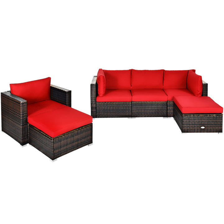 6PCS Patio Conversation Set Rattan Sectional Furniture Set w/ Red Cushions Image 4