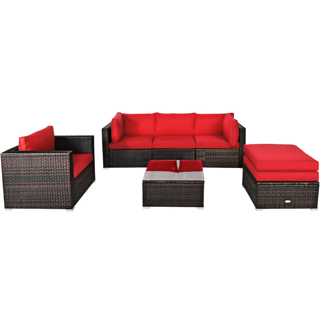 6PCS Patio Conversation Set Rattan Sectional Furniture Set w/ Red Cushions Image 2