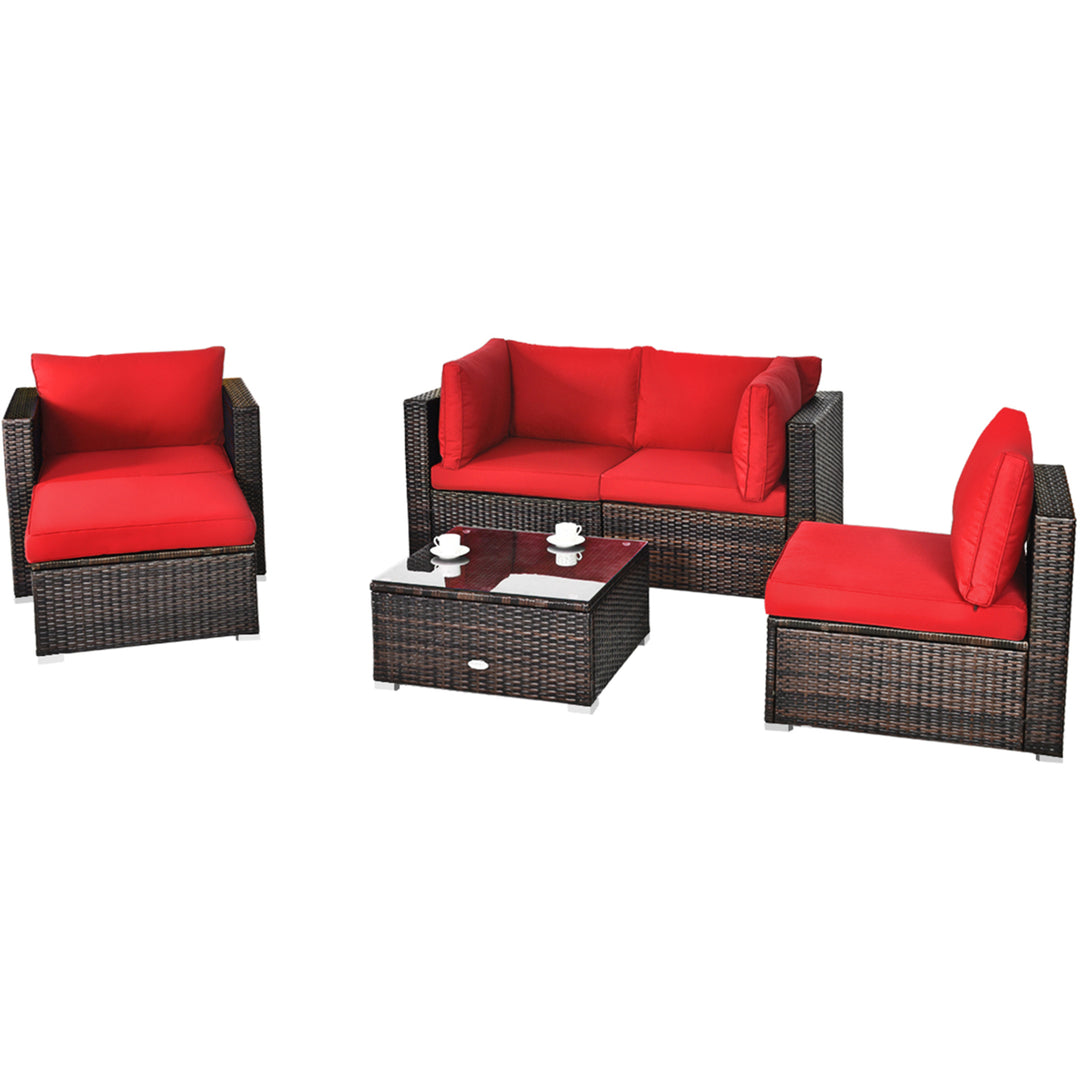 6PCS Patio Conversation Set Rattan Sectional Furniture Set w/ Red Cushions Image 6