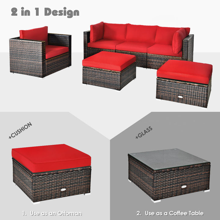 6PCS Patio Conversation Set Rattan Sectional Furniture Set w/ Red Cushions Image 8