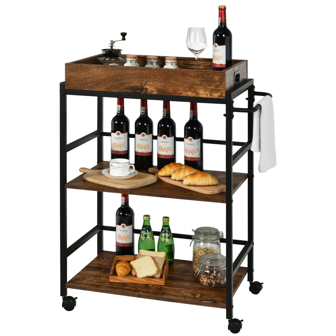 3-Tier Rolling Bar Cart Kitchen Serving Cart w/ Removable Tray and Handle Image 1