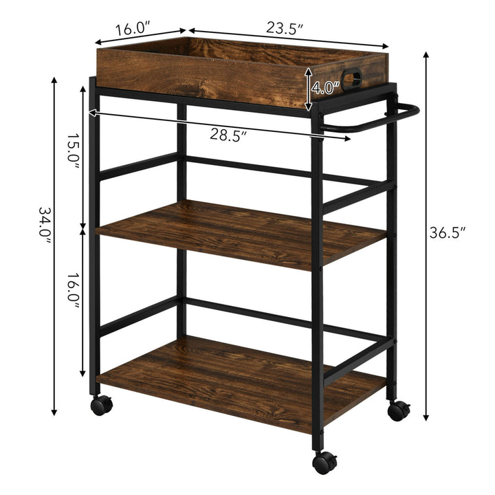 3-Tier Rolling Bar Cart Kitchen Serving Cart w/ Removable Tray and Handle Image 2