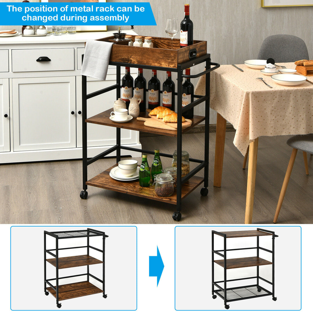 3-Tier Rolling Bar Cart Kitchen Serving Cart w/ Removable Tray and Handle Image 5