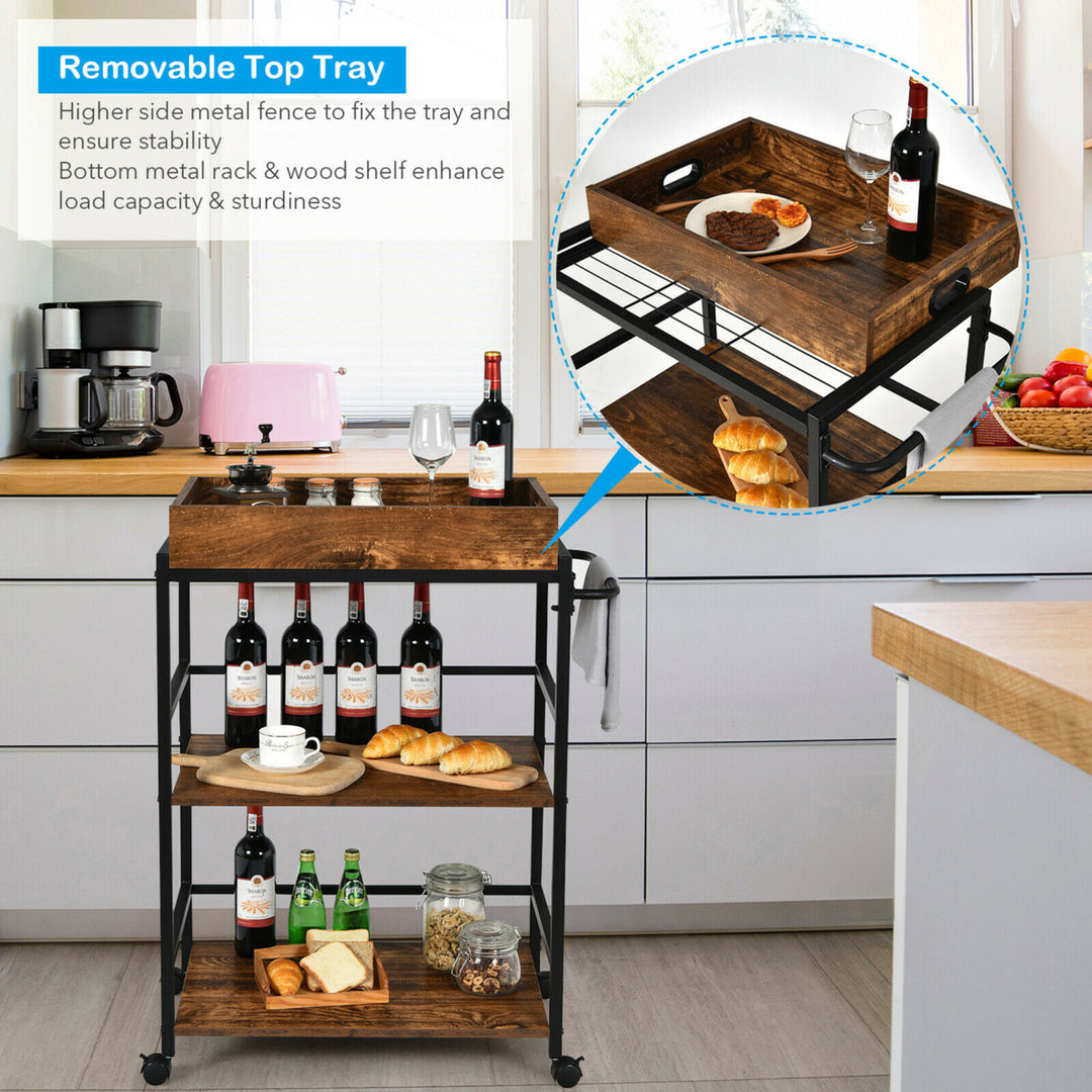 3-Tier Rolling Bar Cart Kitchen Serving Cart w/ Removable Tray and Handle Image 7