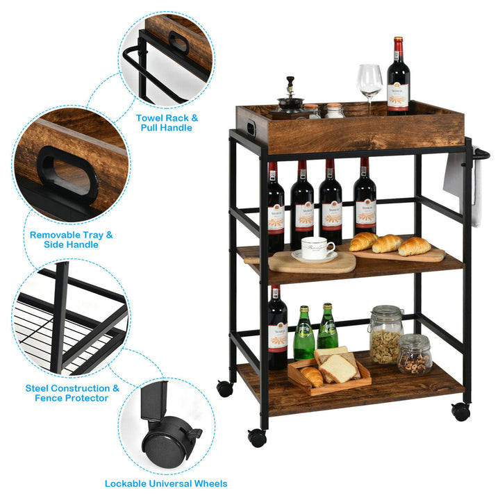 3-Tier Rolling Bar Cart Kitchen Serving Cart w/ Removable Tray and Handle Image 8