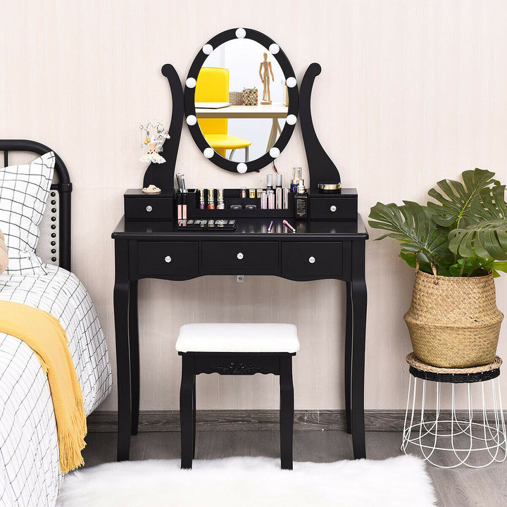 Vanity Table Set w/10 Light Bulbs and Touch Switch Makeup Dressing Table White/Brown/Black Image 5