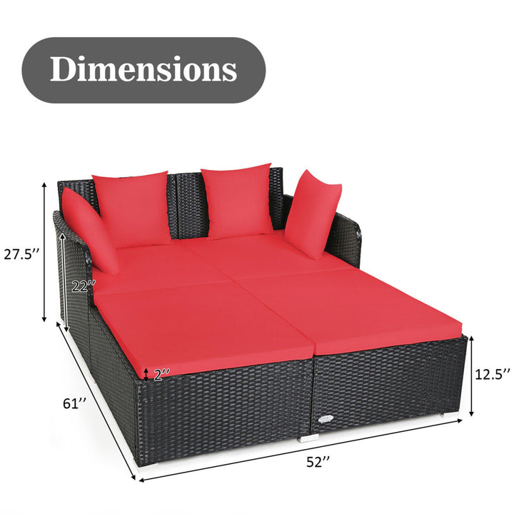 Rattan Patio Daybed Loveseat Sofa Yard Outdoor w/ Red Cushions Pillows Image 2