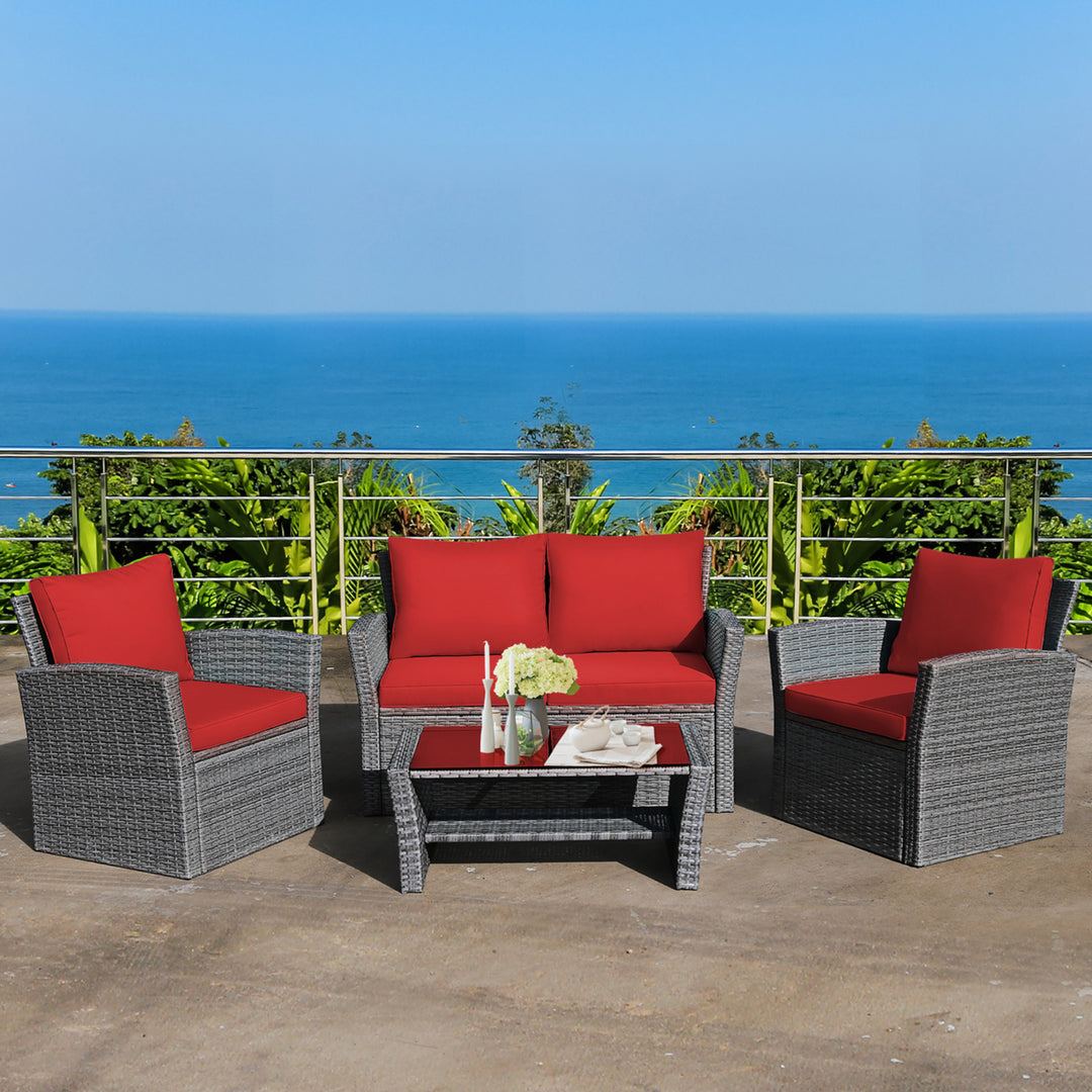 Costway 4PCS Patio Rattan Furniture Set Sofa Table W/Storage Shelf Red\Gray Cushion Image 1