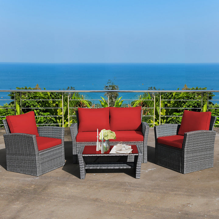 Costway 4PCS Patio Rattan Furniture Set Sofa Table W/Storage Shelf Red\Gray Cushion Image 1