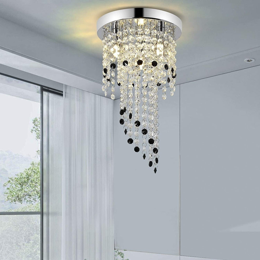 Crystal Chandelier, Round Crystal Ceiling Light, Flush Mount, 3-Light 8.66  Clear Black Raindrop Chandelier Lighting Image 1