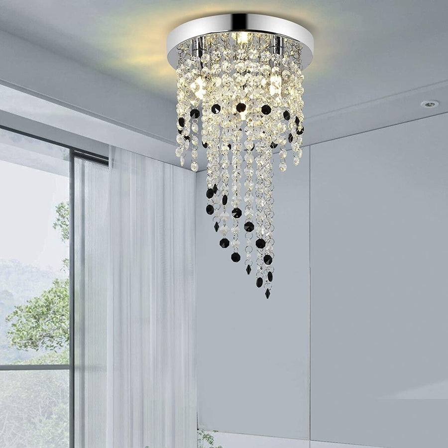 Crystal Chandelier, Round Crystal Ceiling Light, Flush Mount, 3-Light 8.66  Clear Black Raindrop Chandelier Lighting Image 1