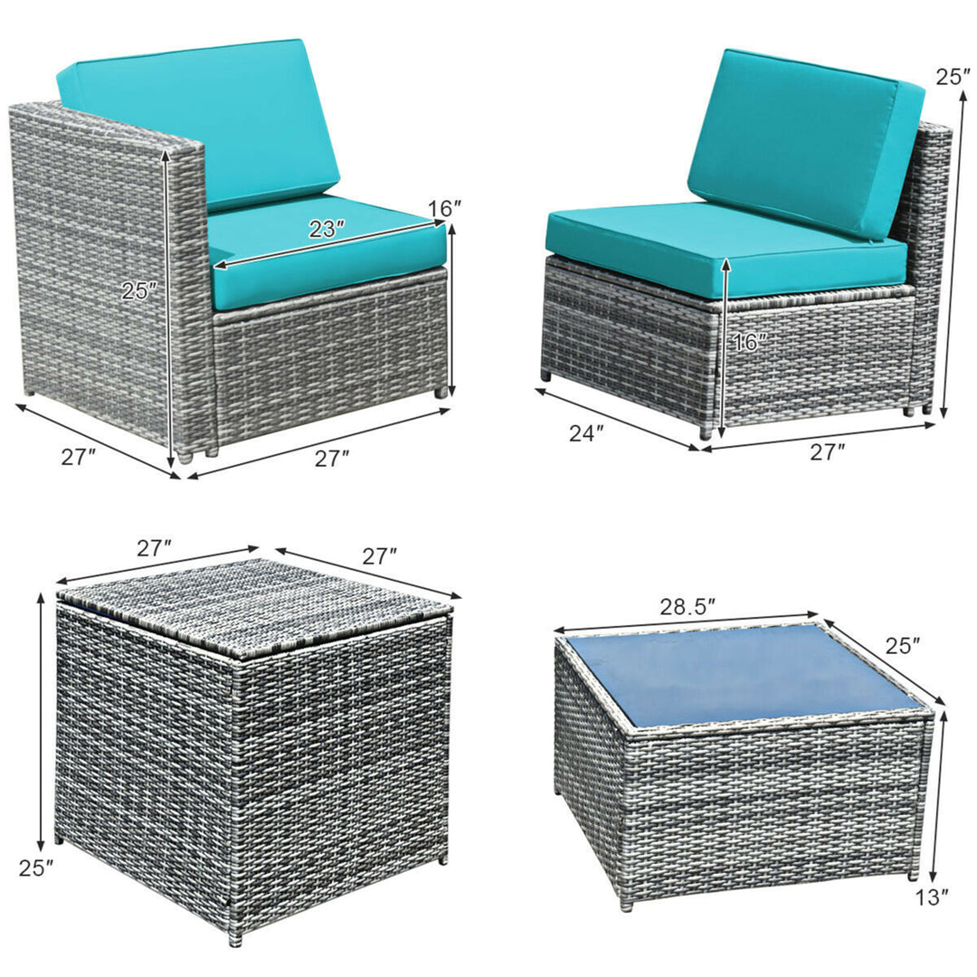 8PCS Patio Rattan Sofa Sectional Conversation Furniture Set w/ Turquoise Cushion Image 4