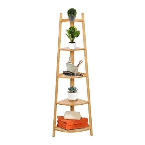 5 Tier Bamboo Corner Storage Display Rack Shelves Kitchen Bath Home Office Living Room Plant Stand (Natural) Image 1