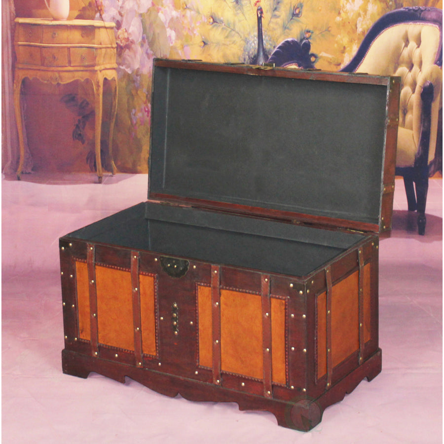 Antique Style Steamer Trunk Decorative Storage Box Lined Interior 26.5" W 15.75" H Image 1