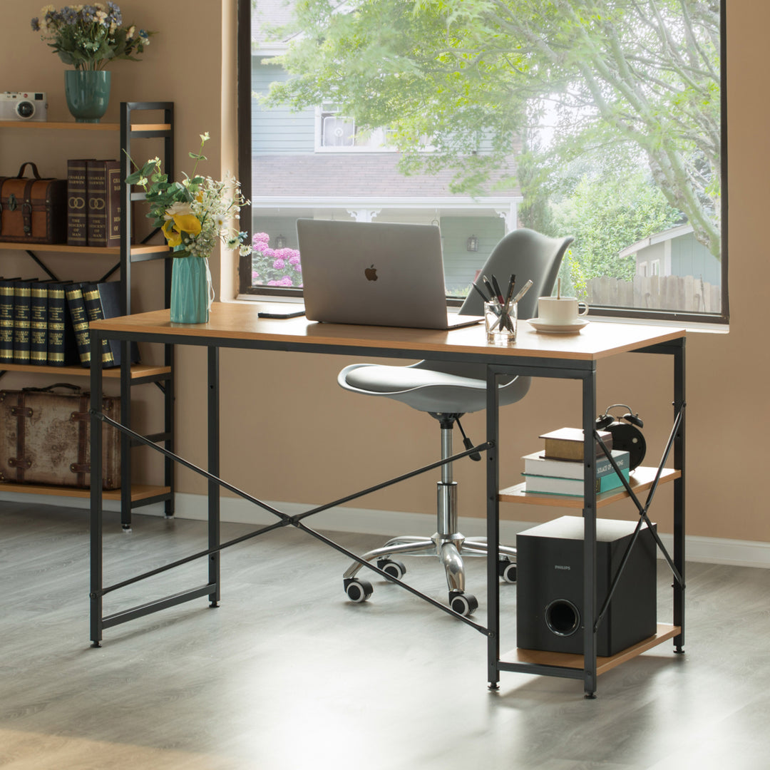 Industrial Rectangular Wood and Metal Home Office Computer Desk with 2 Side Shelves Image 4