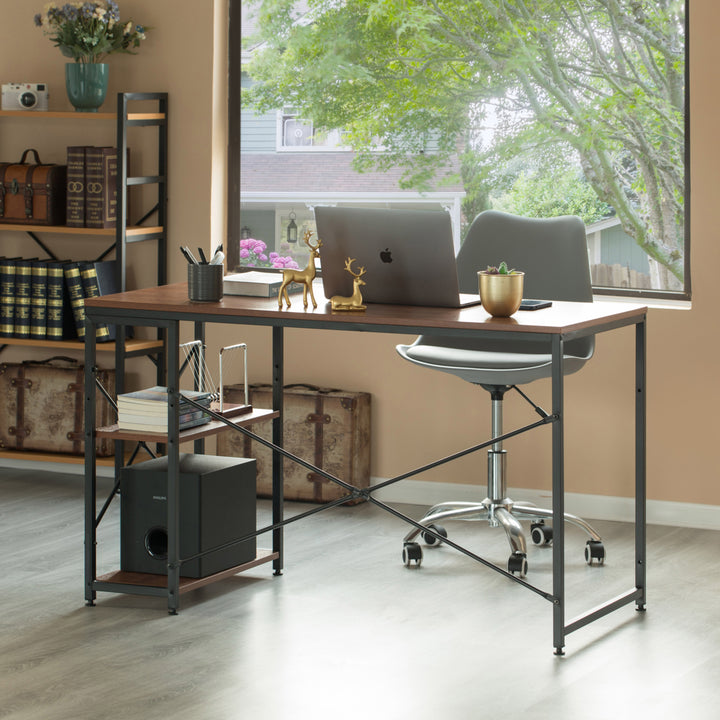 Industrial Rectangular Wood and Metal Home Office Computer Desk with 2 Side Shelves Image 6