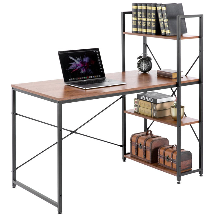 Industrial Wood Metal Computer Desk Office Workstation 47" with Shelves Image 1