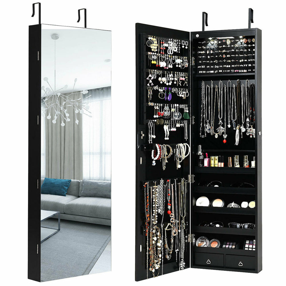 Wall and Door Mounted Mirrored Jewelry Cabinet Storage Organizer Black/White Image 2