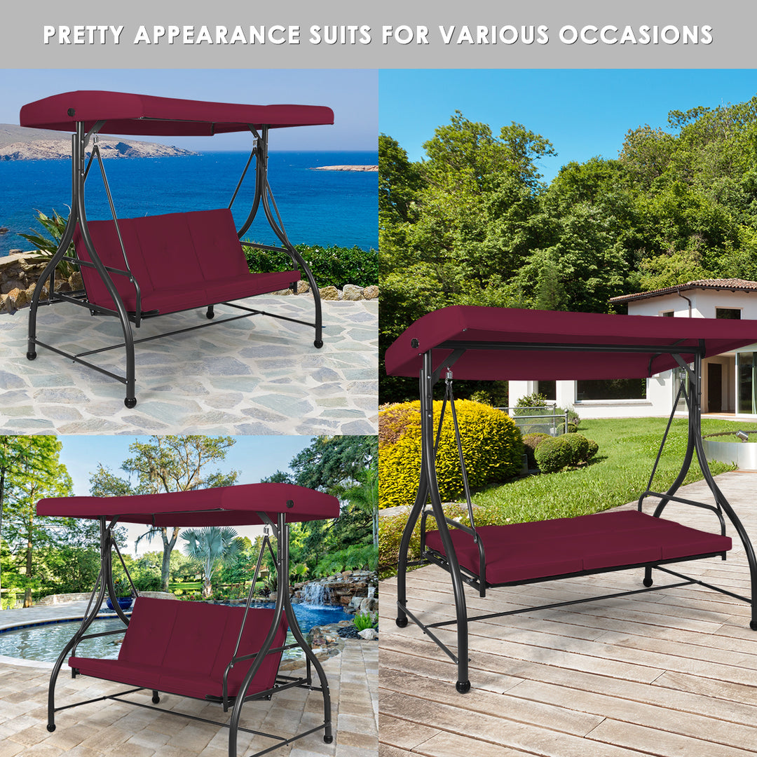 Converting Outdoor Swing Canopy Hammock 3 Seats Patio Deck Furniture Wine Red Image 5